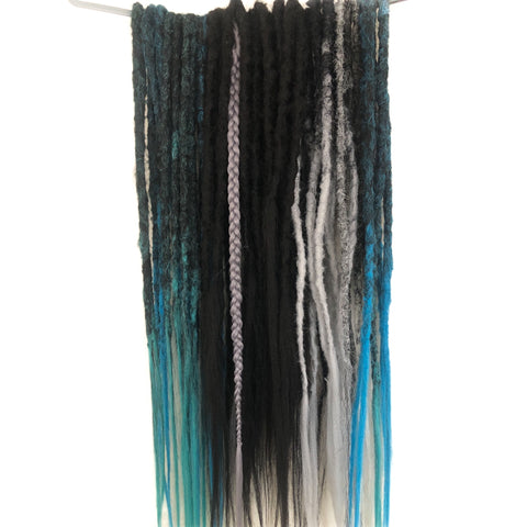 30 double Dreadlock Extensions-Black/Black to blue black to teal black to grey